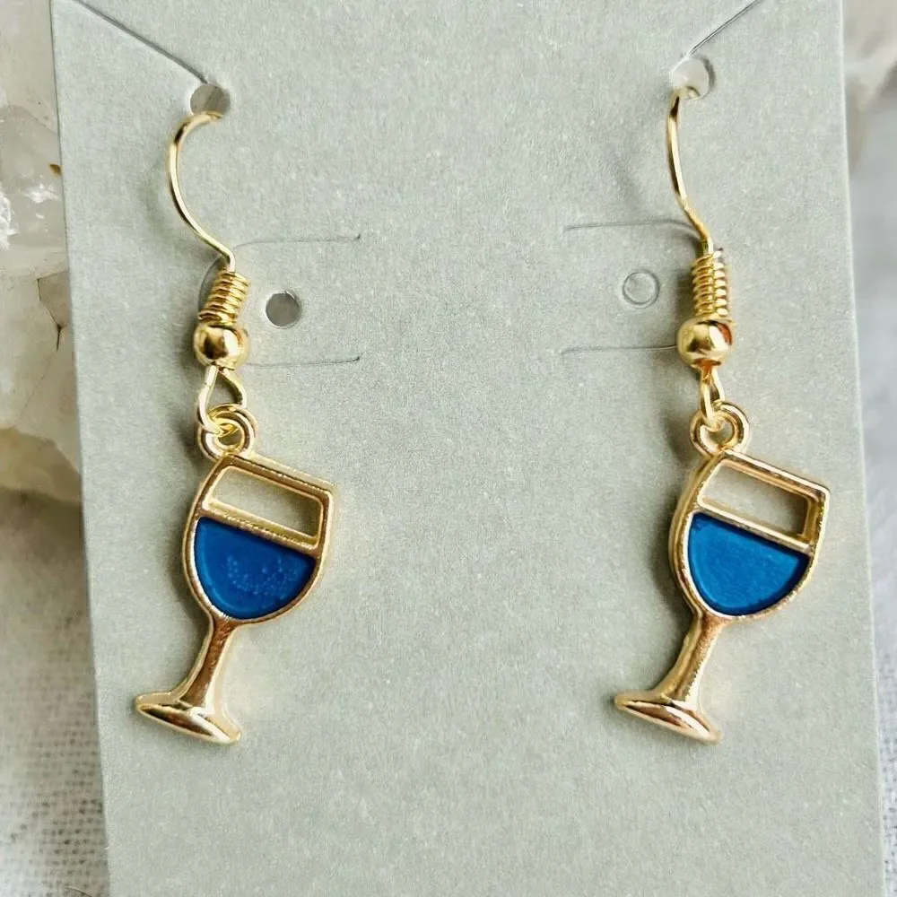 3/$15 Yellow Gold Blue Enamel Wineglass Dangle Earrings